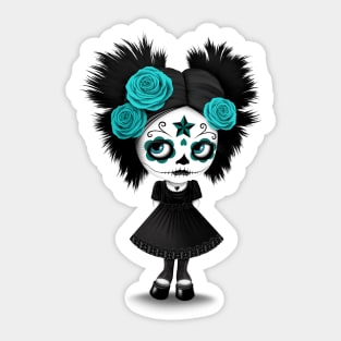 Shy Big Eyes Day of the Dead Girl with Blue Roses Sticker